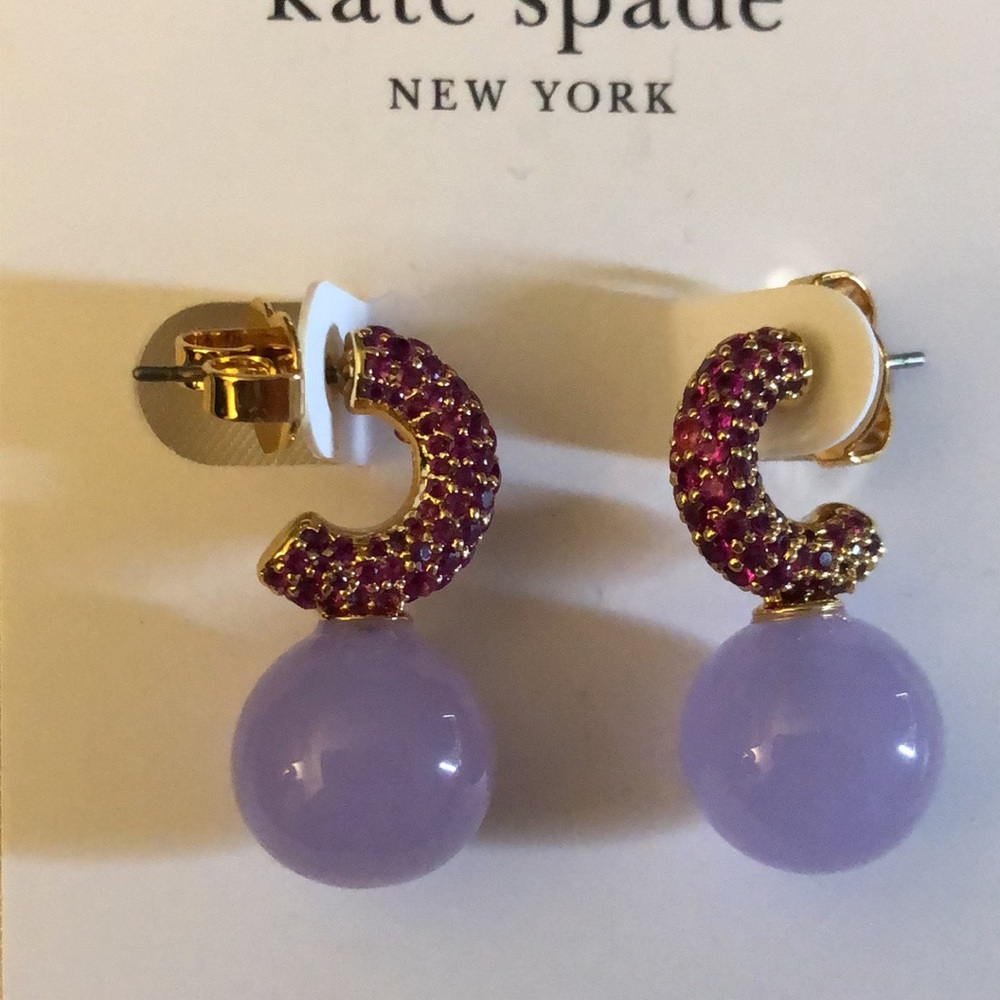 Kate Spade Showtime Huggie Hoop Earrings With Red Crystal & Purple Bead NWT - Picture 11 of 14